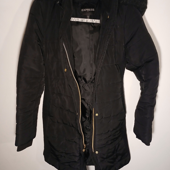 Express Hooded Black Puffer Coat with Gold Details - Picture 11 of 11
